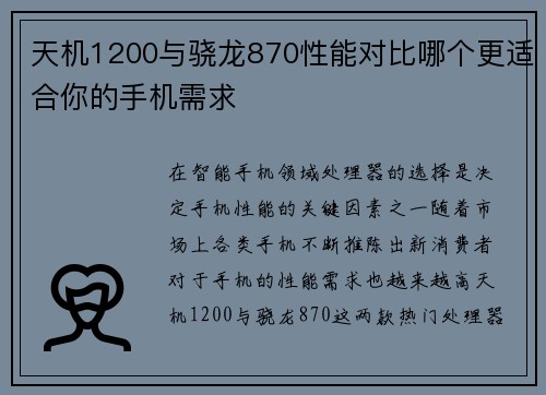 天机1200与骁龙870性能对比哪个更适合你的手机需求